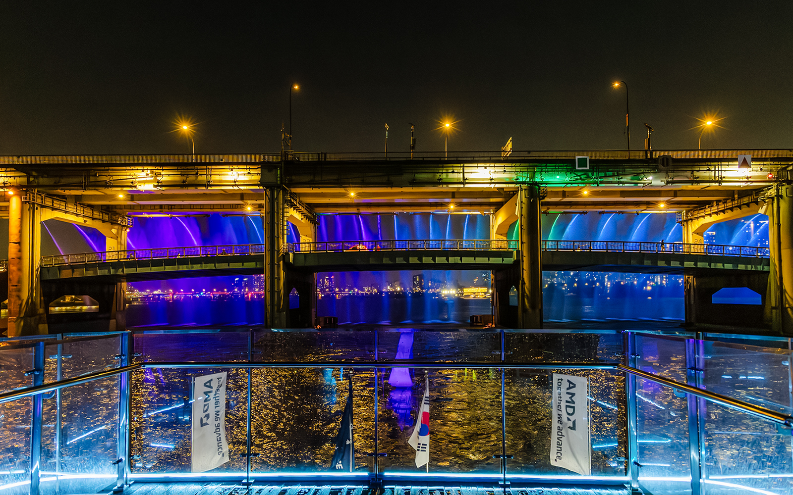 Banpo Bridge with colorful lights during Moonlight Music Cruise, Eland Cruise, Seoul.