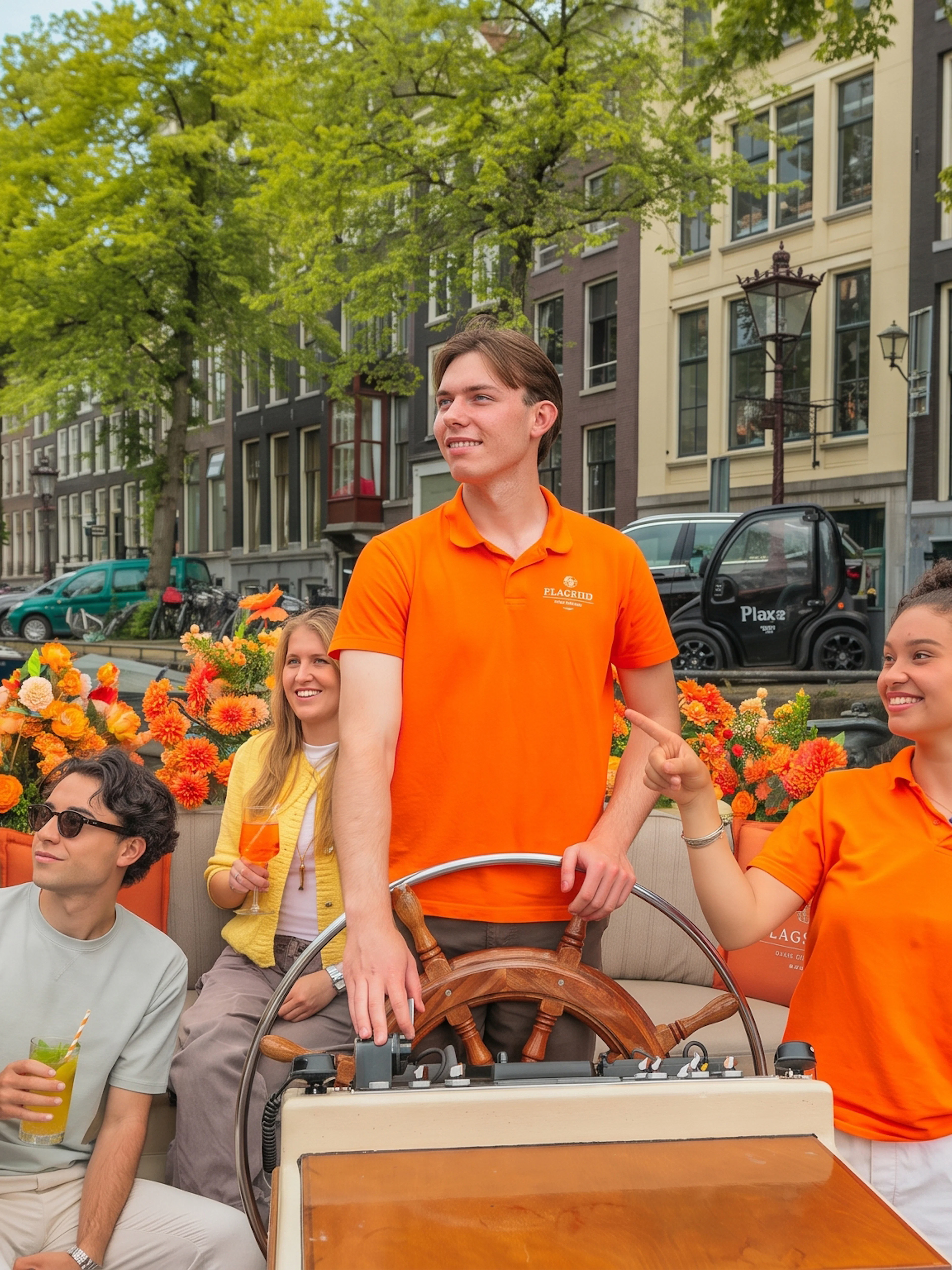 Guests enjoying a canal cruise in Amsterdam with vibrant flowers and historic buildings in the background.