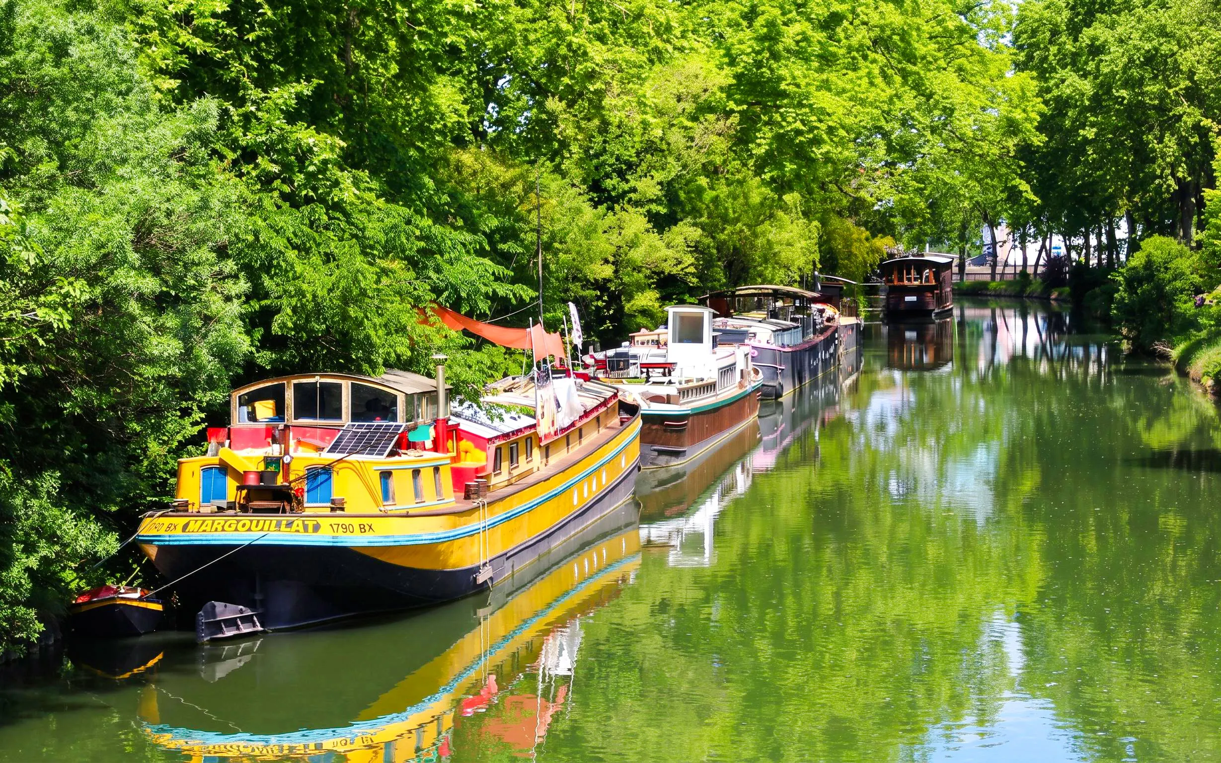 Boats moored along the Canal du Midi in Toulouse, surrounded by lush greenery.