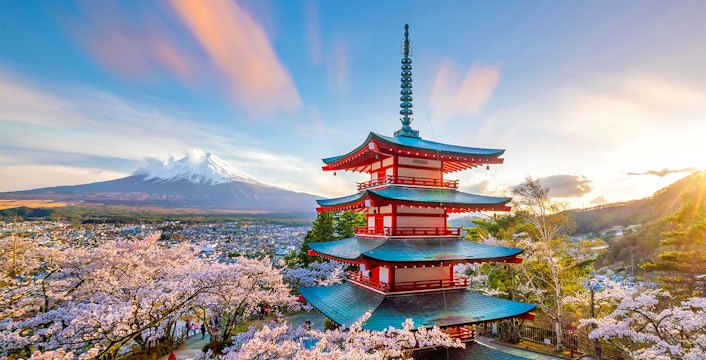 Chureito Pagoda with Mount Fuji in the background during cherry blossom season, Around Tokyo 1 day tour.