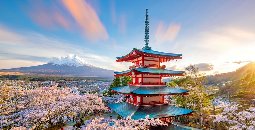 Chureito Pagoda with Mount Fuji in the background during cherry blossom season, Around Tokyo 1 day tour.