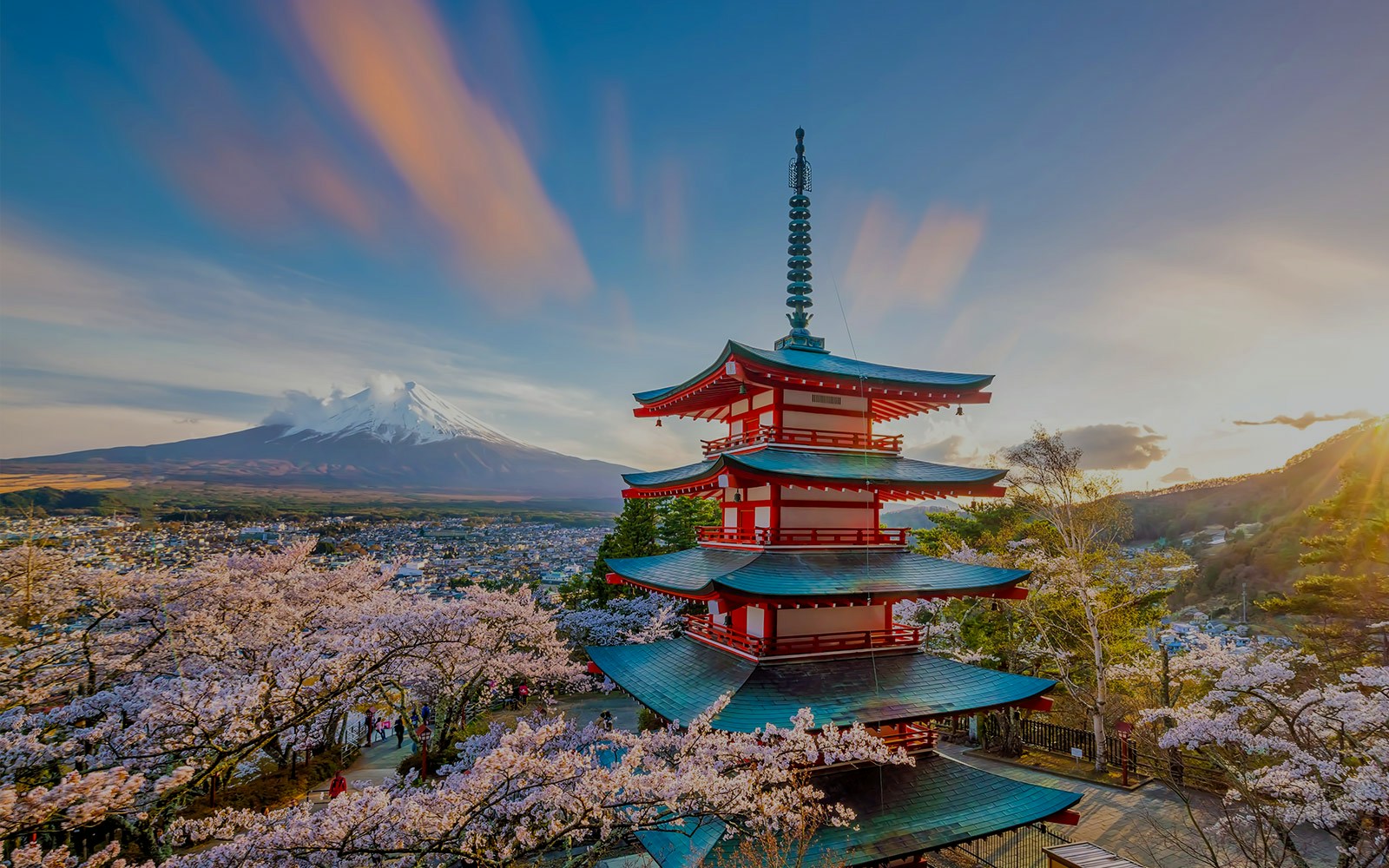 Chureito Pagoda with Mount Fuji in the background during cherry blossom season, Around Tokyo 1 day tour.