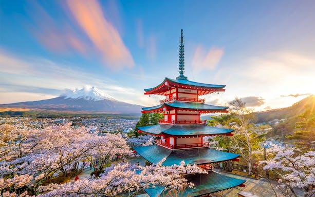 Chureito Pagoda with Mount Fuji in the background during cherry blossom season, Around Tokyo 1 day tour.