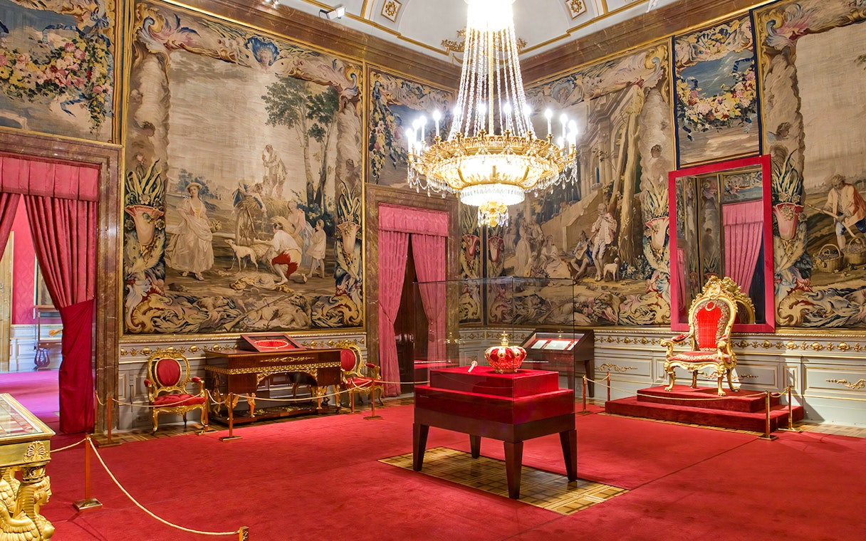 Crown of Charles III displayed inside the Royal Palace of Madrid.