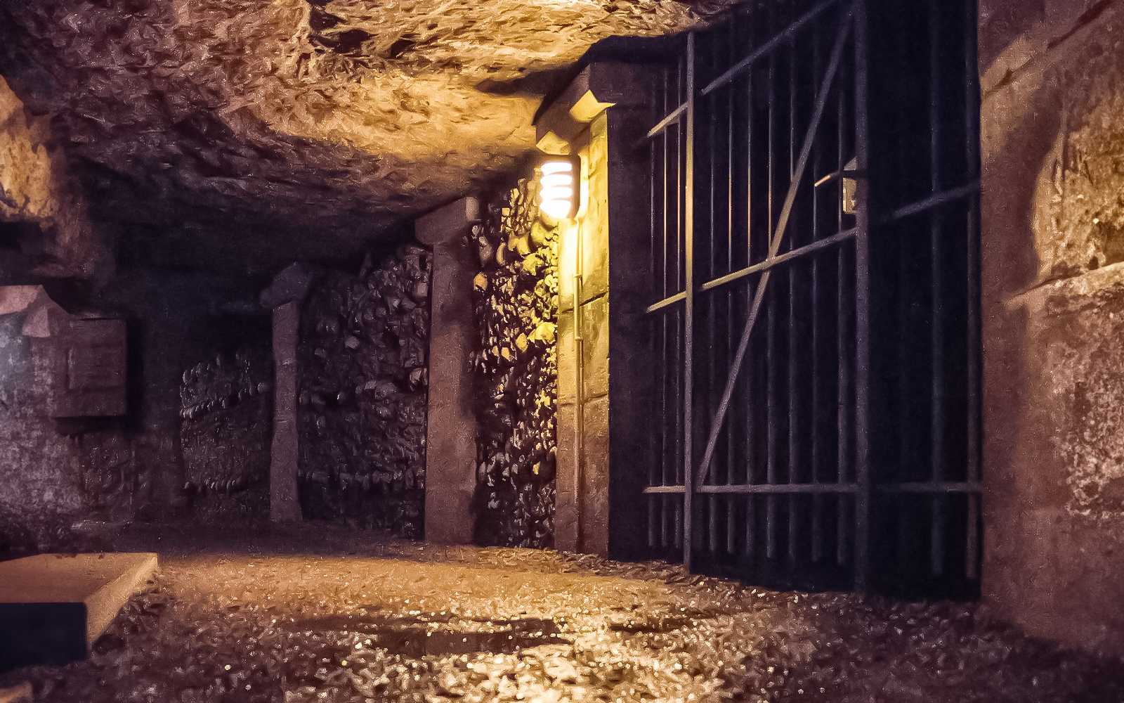Gate inside Paris Catacombs with illuminated stone walls and metal bars.