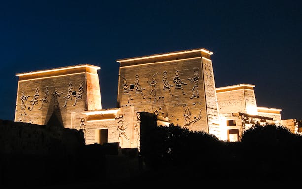 Philae Temple illuminated at night during Sound & Light Show, Aswan.