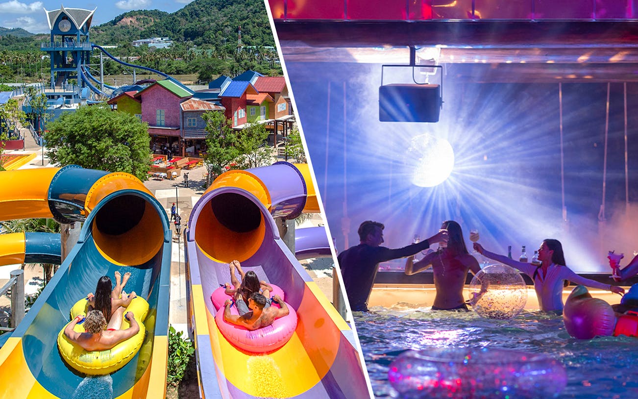 Water slides and EDM concert at Andamanda Phuket Water Park.