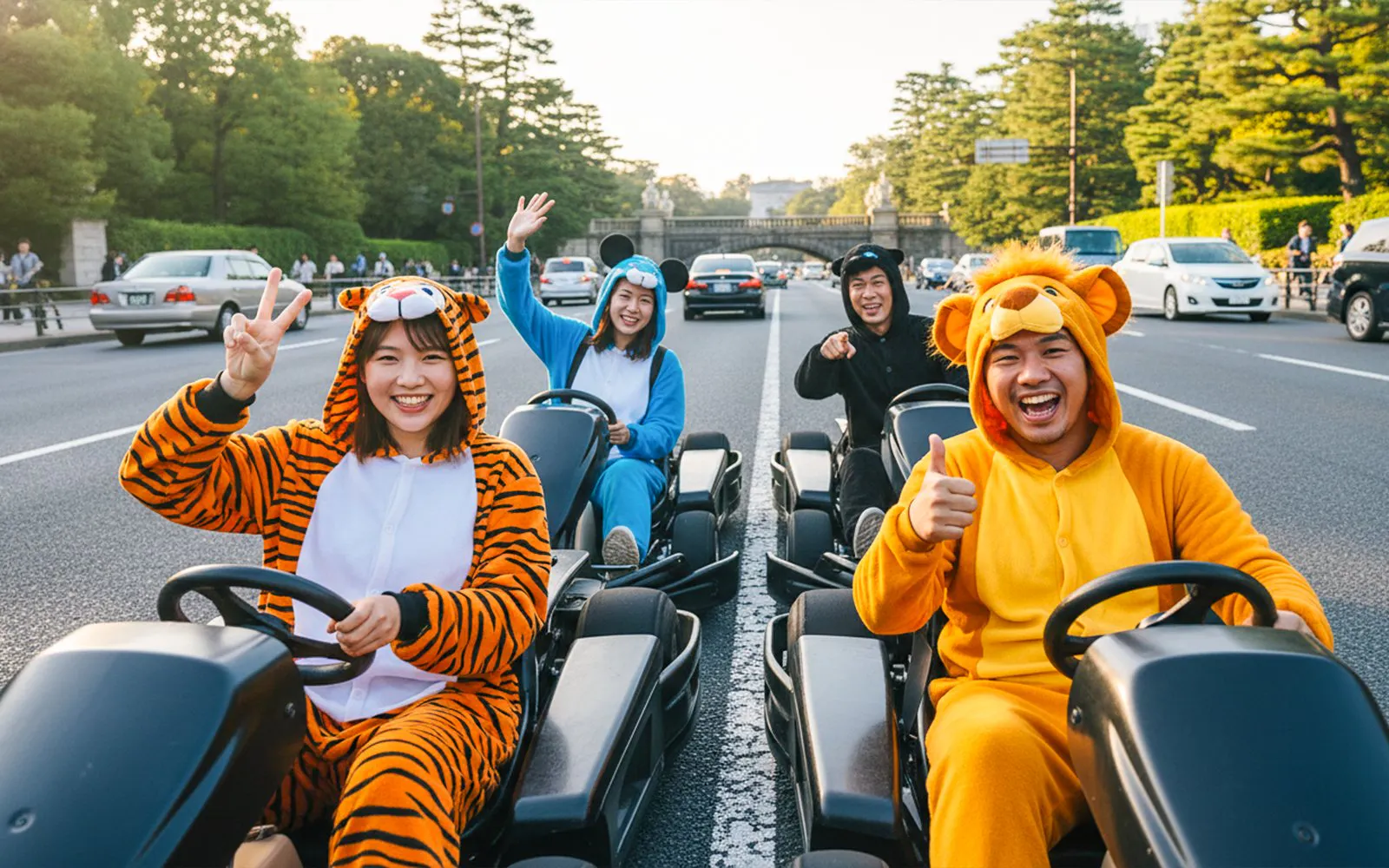 Go-kart riders in animal costumes on a Shibuya street during the 30/60/120 min go-karting experience.