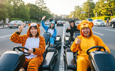 Go-kart riders in animal costumes on a Shibuya street during the 30/60/120 min go-karting experience.