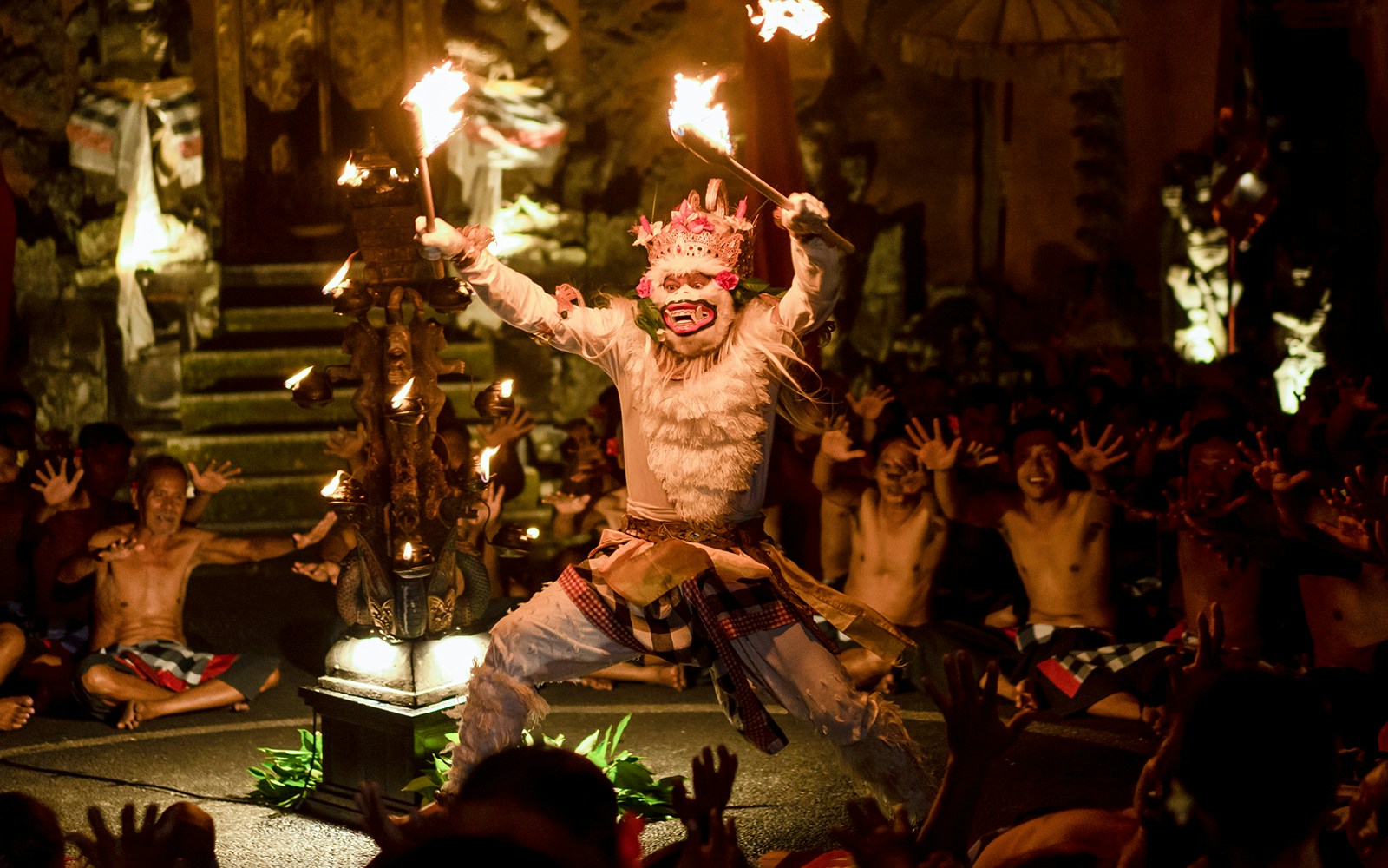 Performer in traditional costume at Kecak & Fire Dance Show, Ubud Peliatan Palace.
