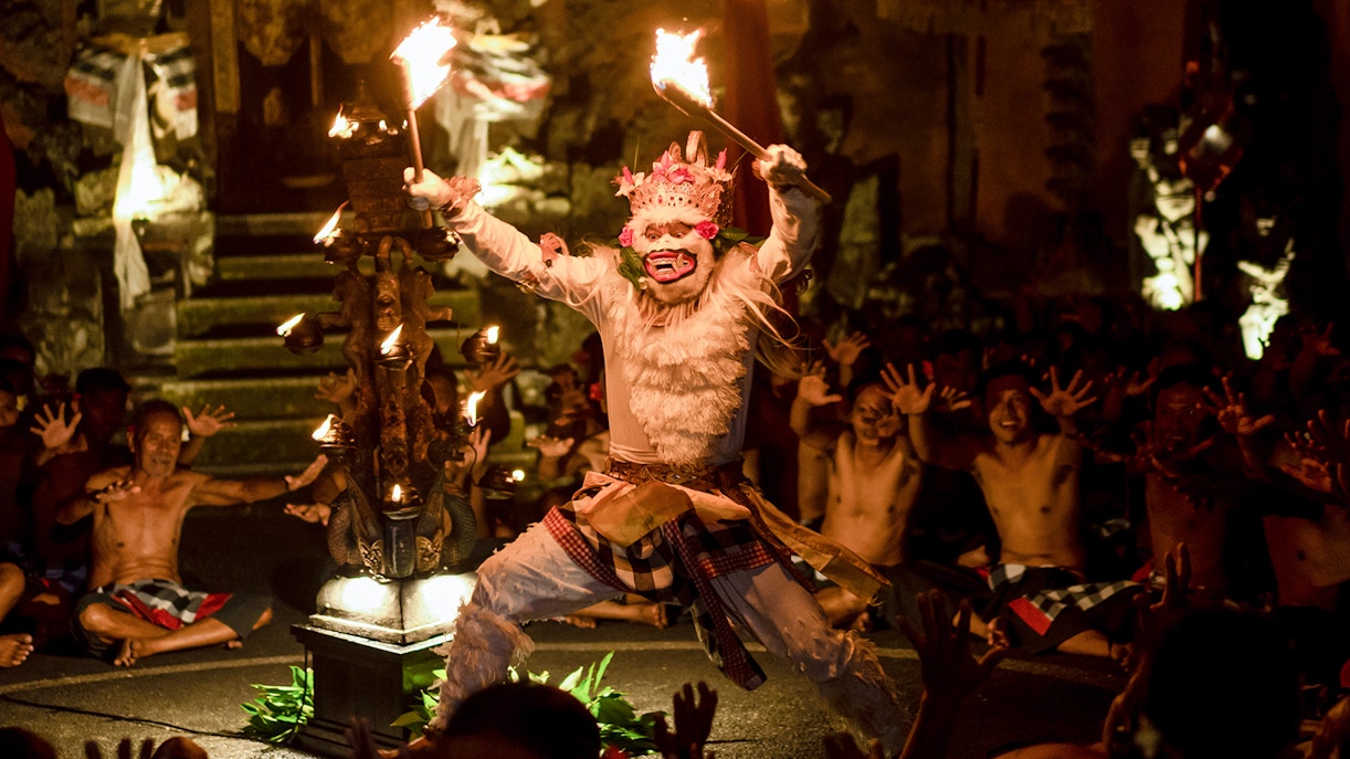 Performer in traditional costume at Kecak & Fire Dance Show, Ubud Peliatan Palace.