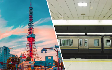Tokyo Tower and subway train in Tokyo, Japan.