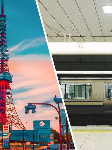 Tokyo Tower and subway train in Tokyo, Japan.