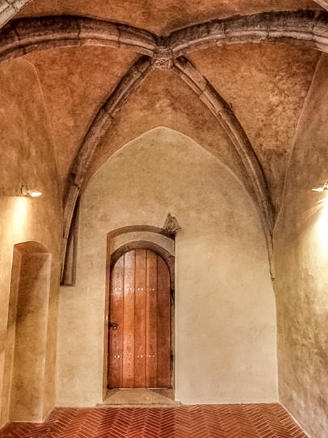 Prague medieval underground chamber with arched ceiling and wooden door.