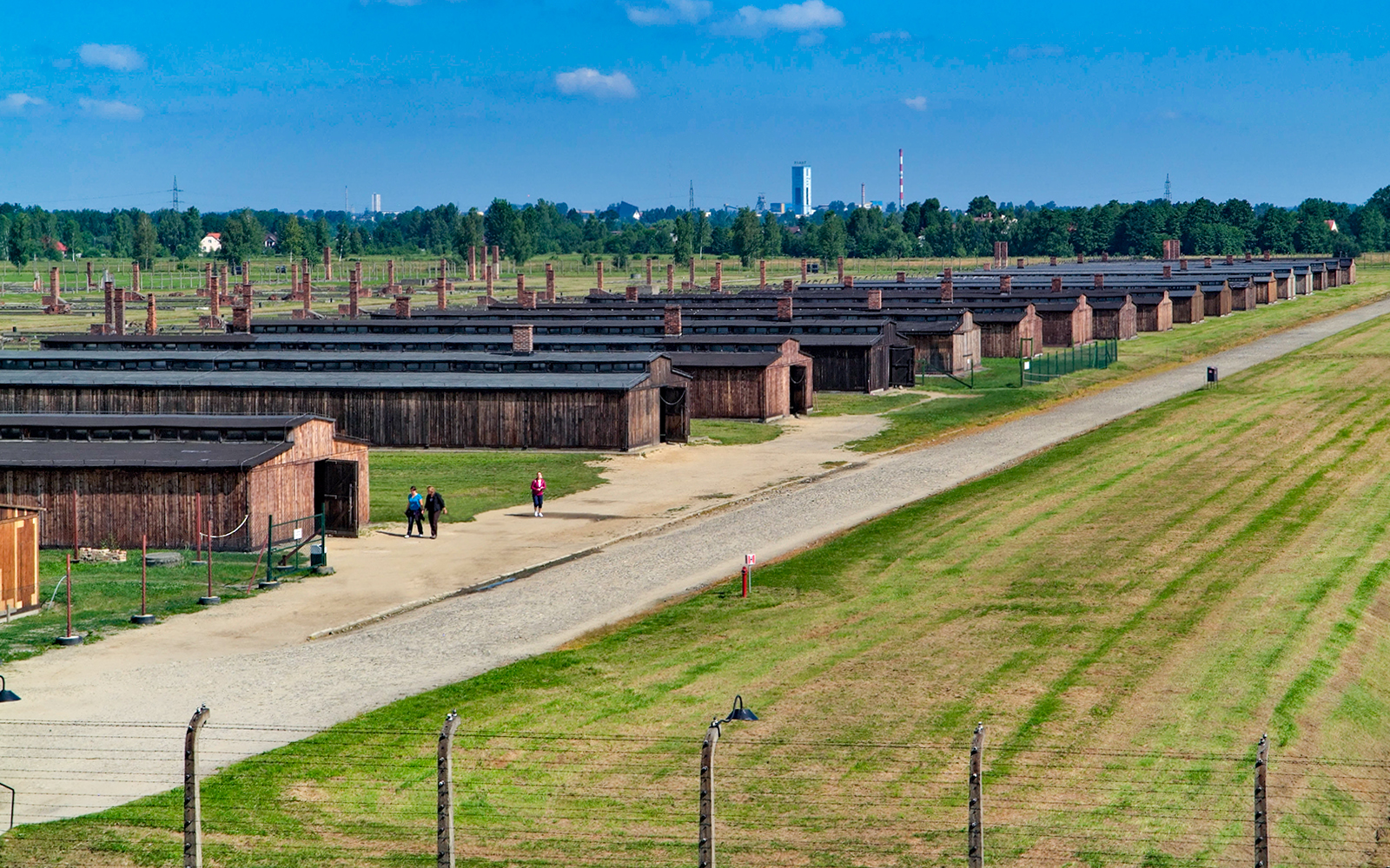 Aerial view of Auschwitz Birkenau with barracks and pathways visible.