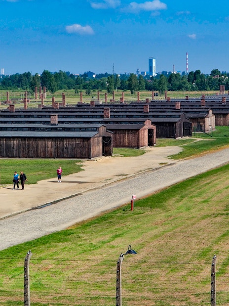 Aerial view of Auschwitz Birkenau with barracks and pathways visible.