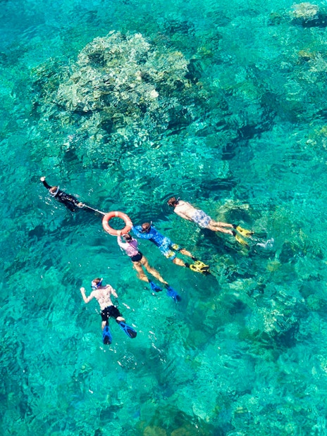 Snorkelers exploring coral reefs in the Outer Great Barrier Reef near Cairns.