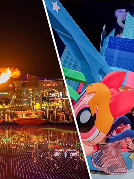 Global Village fire-breathing dragon and IMG World of Adventure ride with excited visitors.