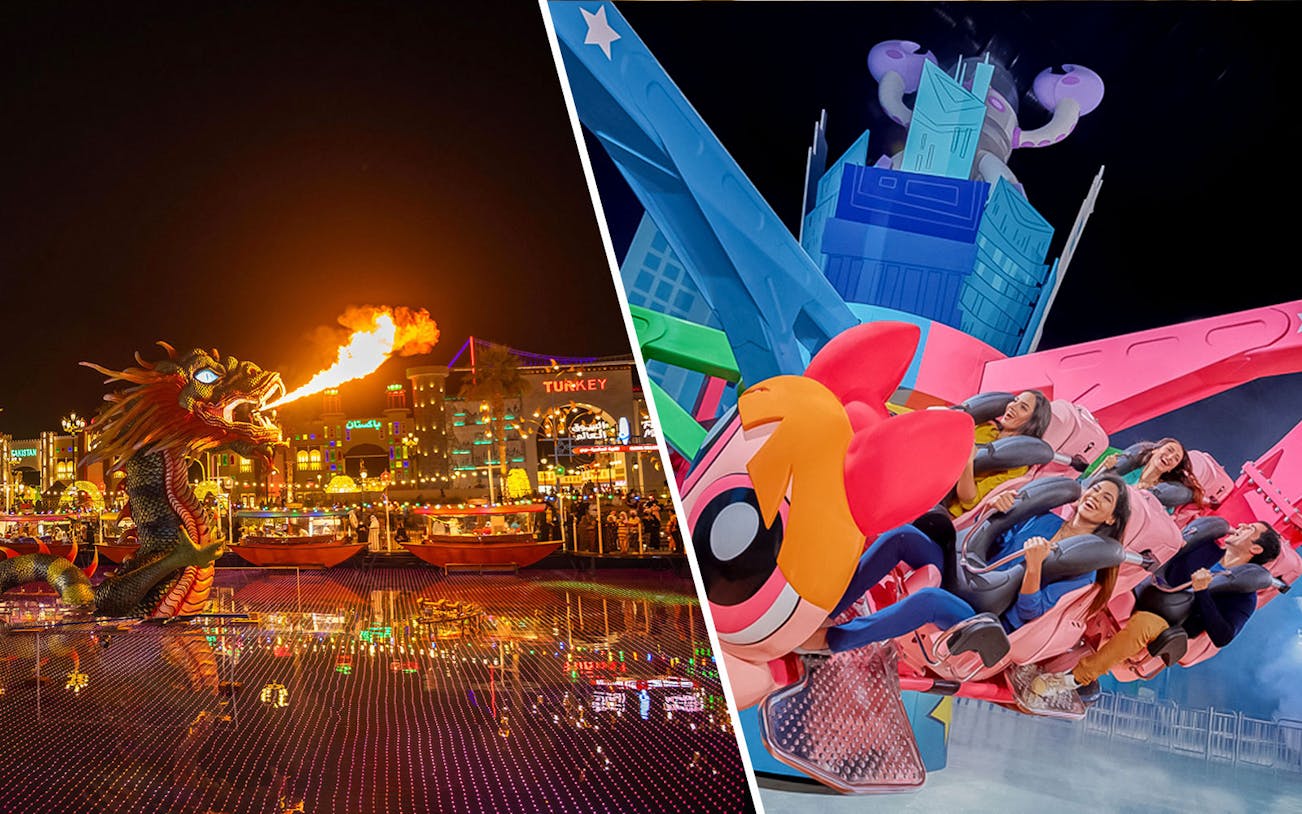 Global Village fire-breathing dragon and IMG World of Adventure ride with excited visitors.
