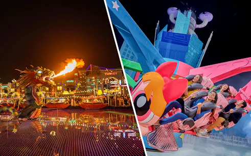 Global Village fire-breathing dragon and IMG World of Adventure ride with excited visitors.