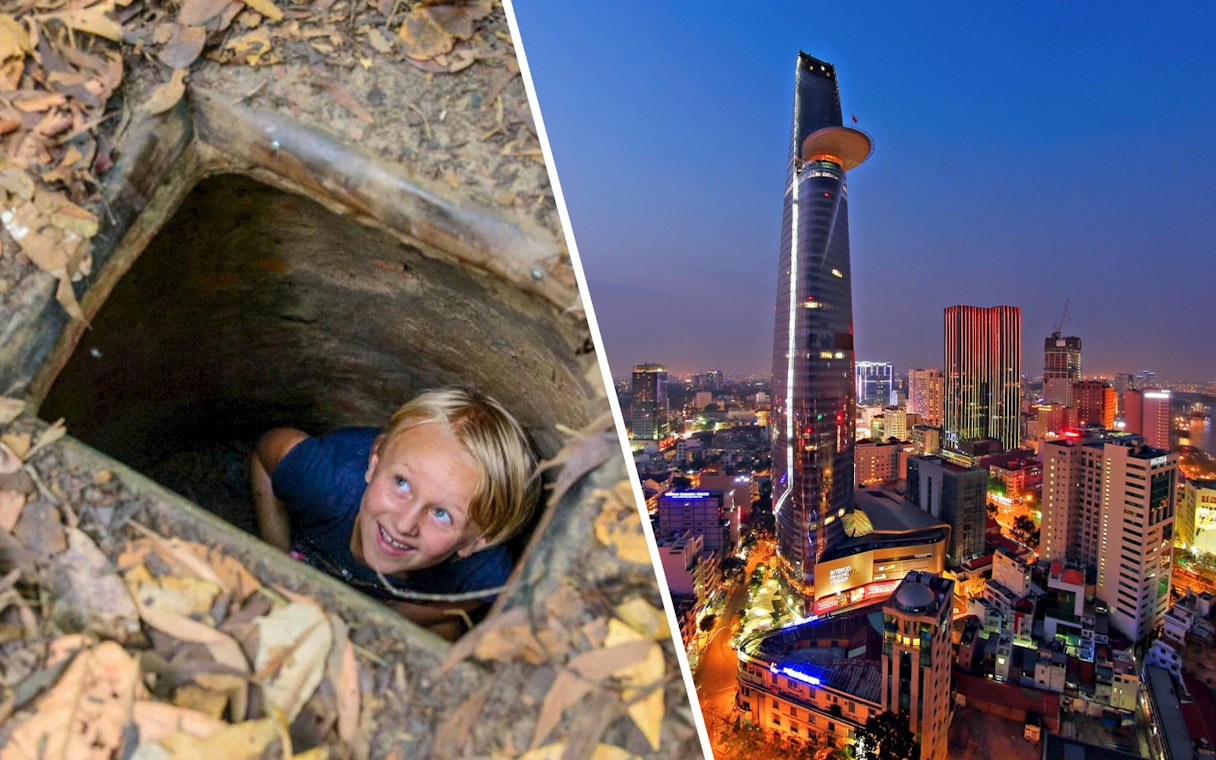 Tourist exploring Cu Chi tunnels and view of Saigon Skydeck at Bitexco Financial Tower.