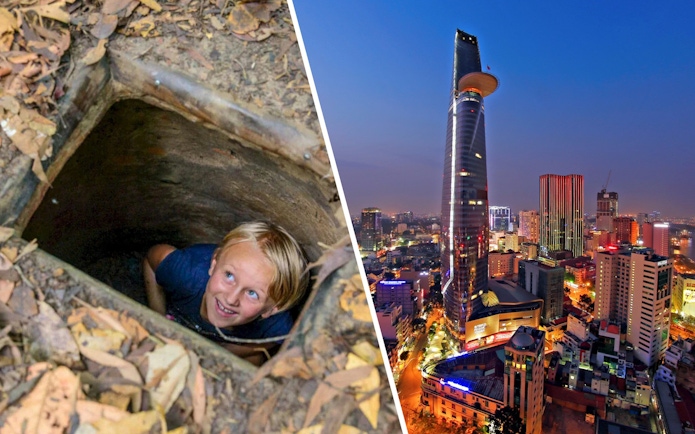 Tourist exploring Cu Chi tunnels and view of Saigon Skydeck at Bitexco Financial Tower.