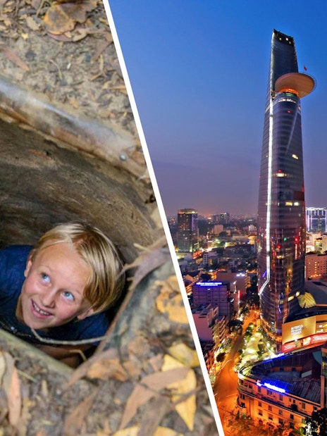 Tourist exploring Cu Chi tunnels and view of Saigon Skydeck at Bitexco Financial Tower.