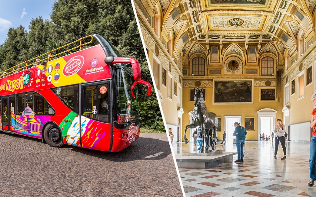Open-top tour bus in Naples and interior of National Archaeological Museum.