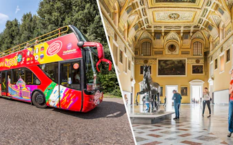 Open-top tour bus in Naples and interior of National Archaeological Museum.