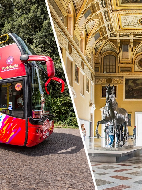 Open-top tour bus in Naples and interior of National Archaeological Museum.