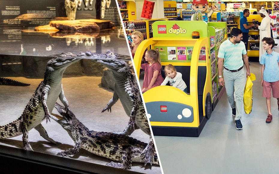 Crocodiles in an aquarium and children playing in a LEGO store.