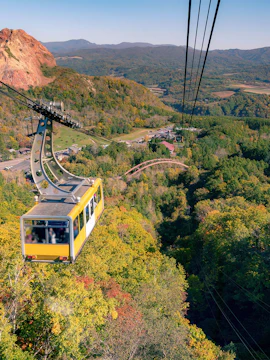 Mt. Moiwa Ropeway cable car over lush forest with mountain views in Sapporo, Japan.