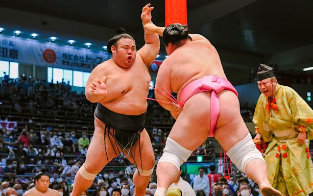 Sumo wrestlers competing at the Kyushu Fukuoka Prefecture 2023 Grand Sumo November event.