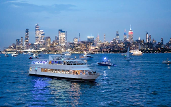Cruise ship on New York City waters with skyline view during New Year's Eve.