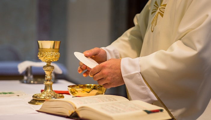 Chanting ceremony inside Notre Dame Cathedral, Paris.