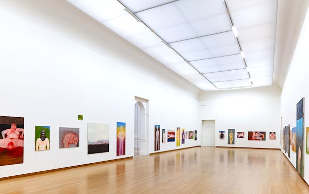 Installation view of Miriam Cahn's artwork at Stedelijk Museum, featuring colorful paintings on white walls.