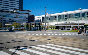 Toyama Station entrance with nearby sightseeing spots in Toyama City, Toyama Prefecture.