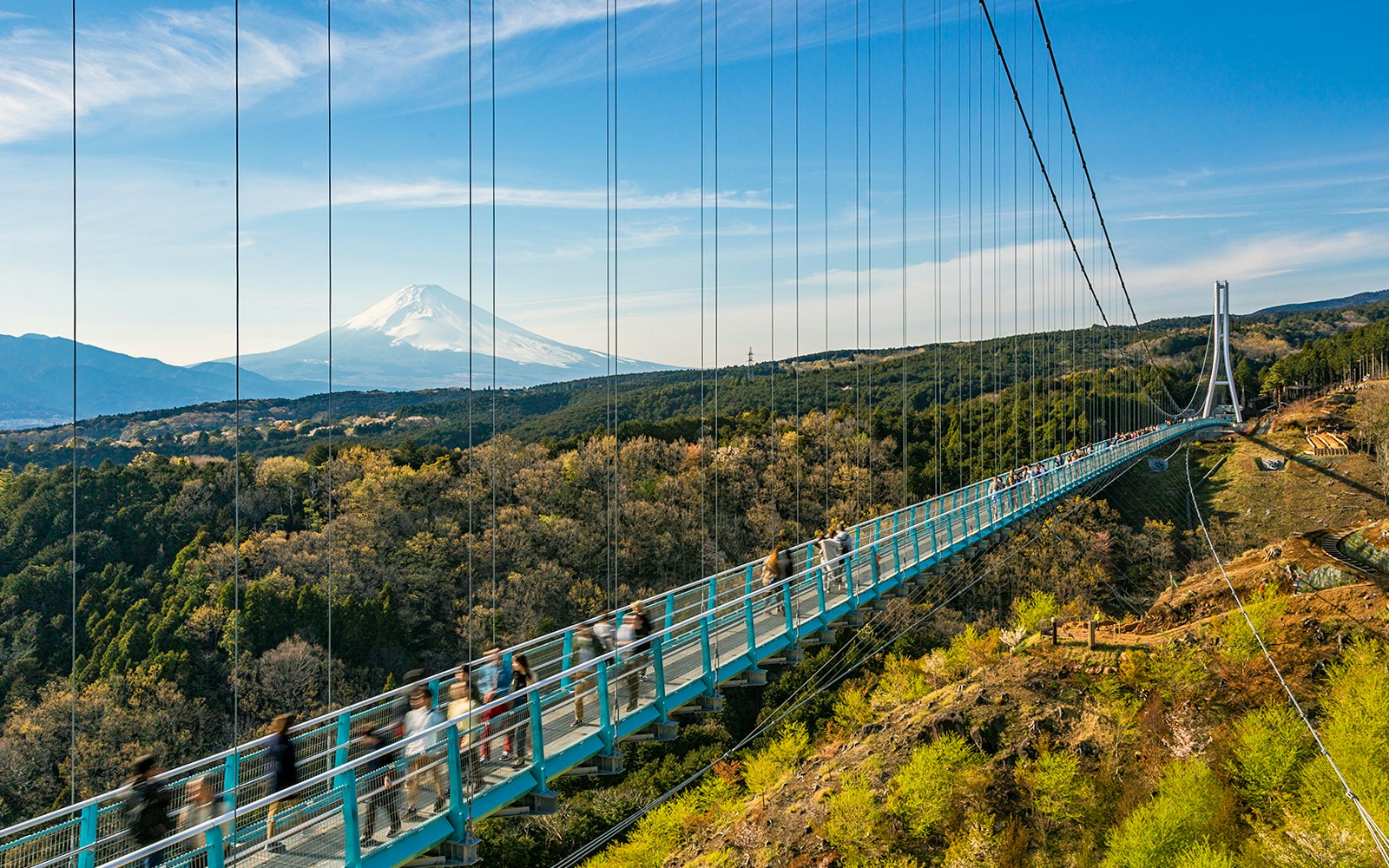 People walkin on Mishima Skywalk bridge with Mount fuji seen in the distance