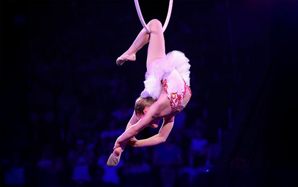 Aerialist girl performing on hoop at circus.