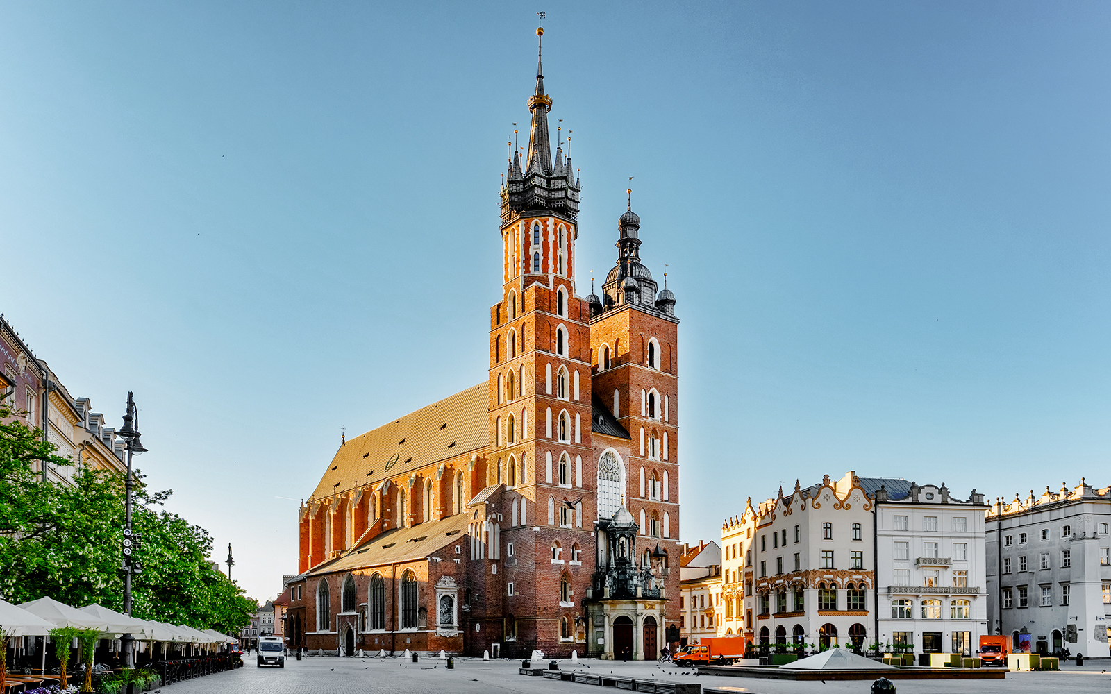 St. Mary's Church in Krakow's Main Square with surrounding buildings.