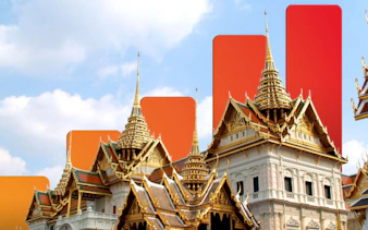 Grand Palace Bangkok with vibrant orange graphics in the background.