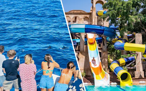 Tourists on a Gran Canaria cruise boat watching dolphins in the ocean.