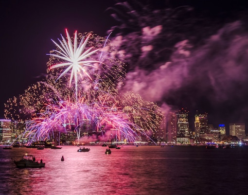 Fireworks over Boston Harbor during New Year celebration.