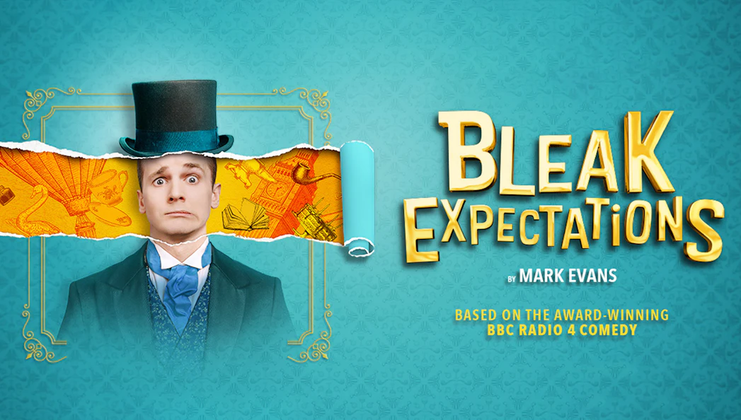 Victorian gentleman with top hat and surprised expression, promoting "Bleak Expectations" comedy.