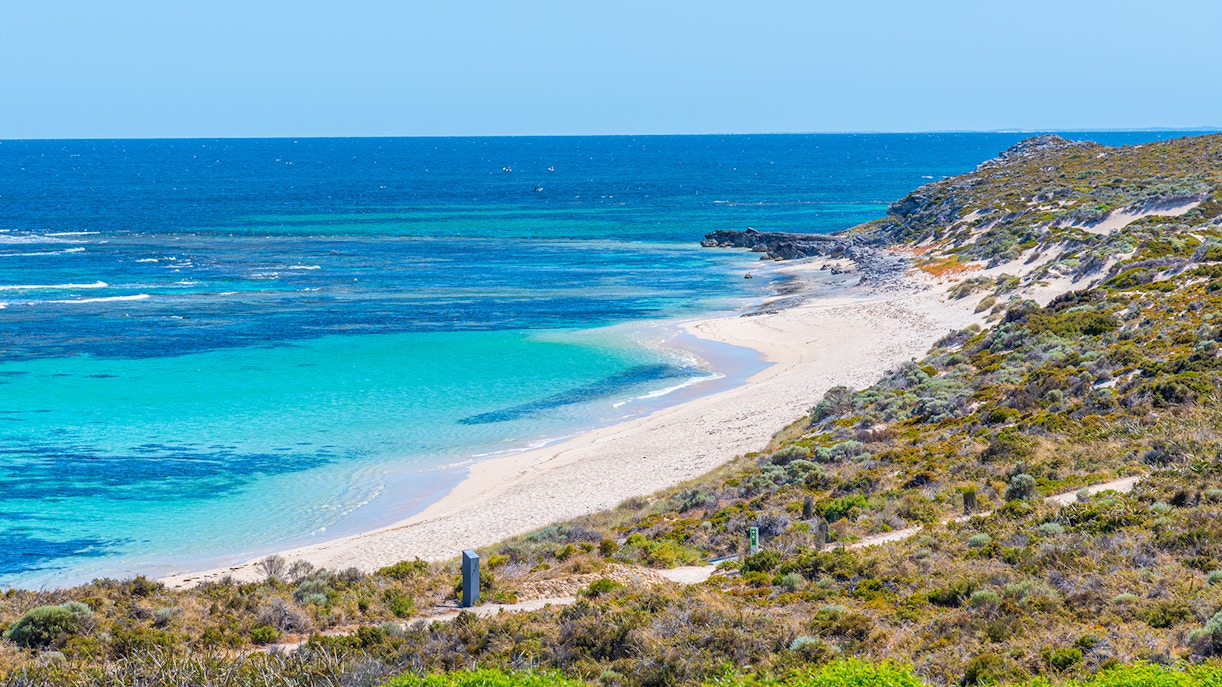 Ricey Beach on Rottnest Island with turquoise waters and sandy shoreline.