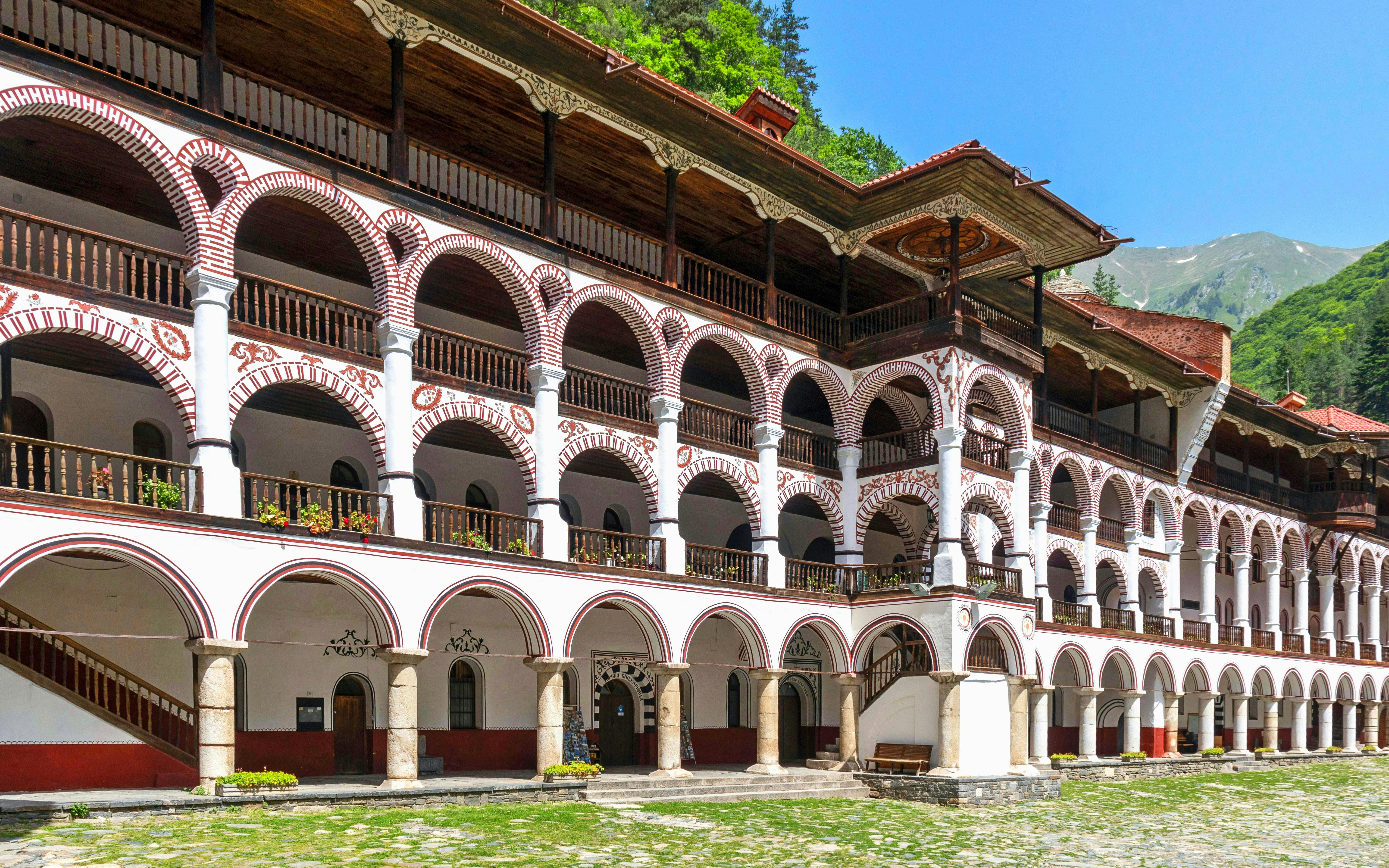 Rila Monastery courtyard with arched balconies, Bulgaria.
