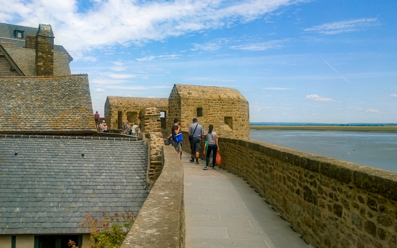 View from rampart of Mont Saint Michel overlooking tidal flats and surrounding landscape, Normandy, France.