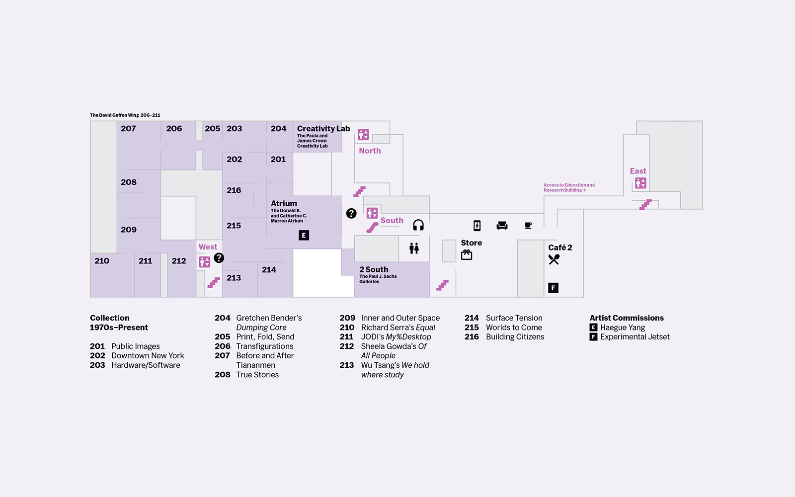MoMA second floor map showing galleries, Creativity Lab, Atrium, and Café 2 locations.