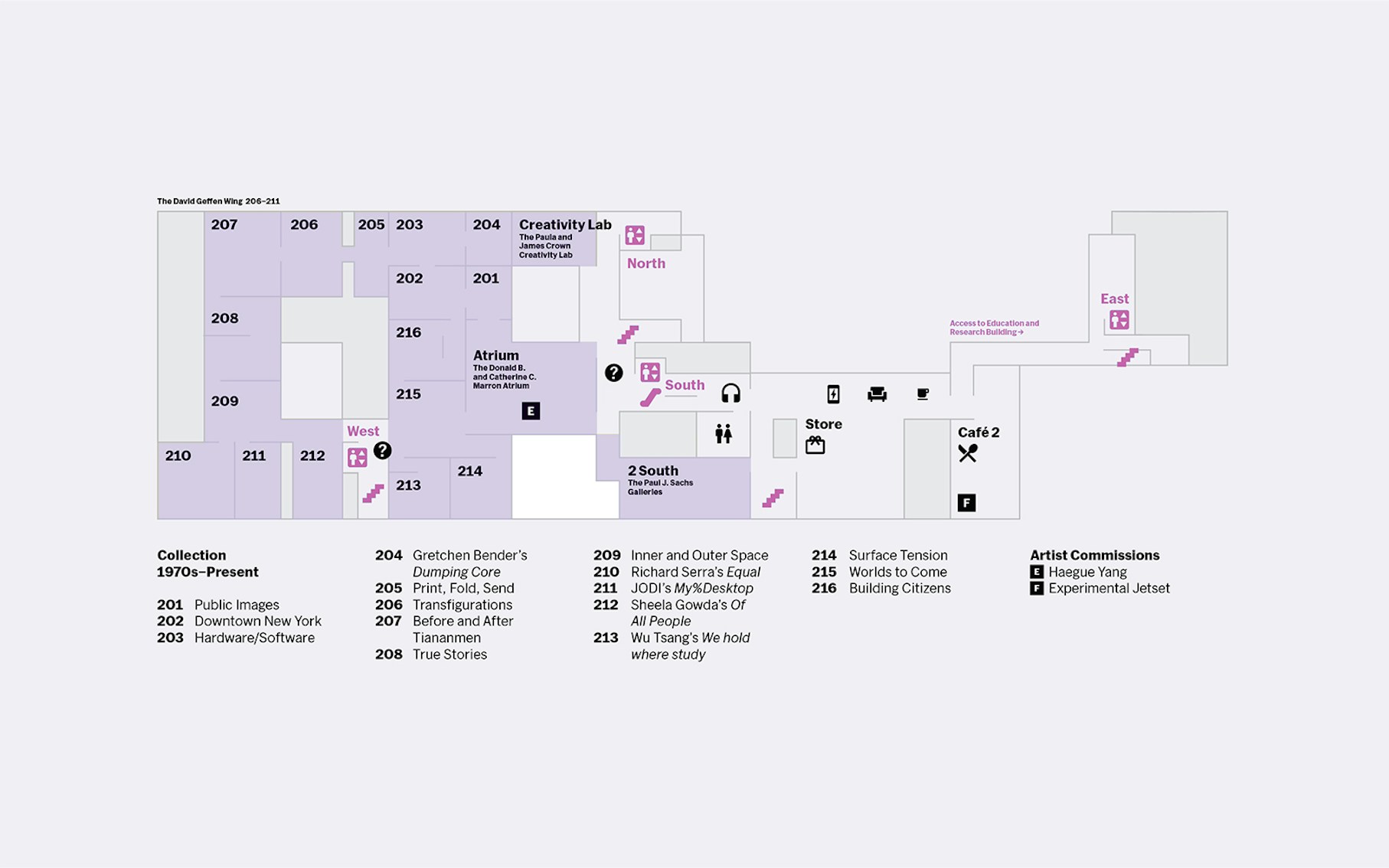 MoMA second floor map showing galleries, Creativity Lab, Atrium, and Café 2 locations.