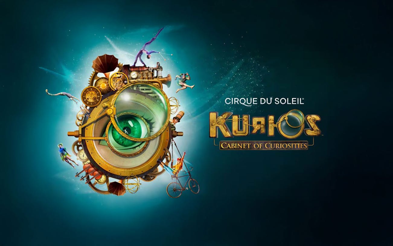 Cirque du Soleil KURIOS poster with whimsical steampunk elements and performers.
